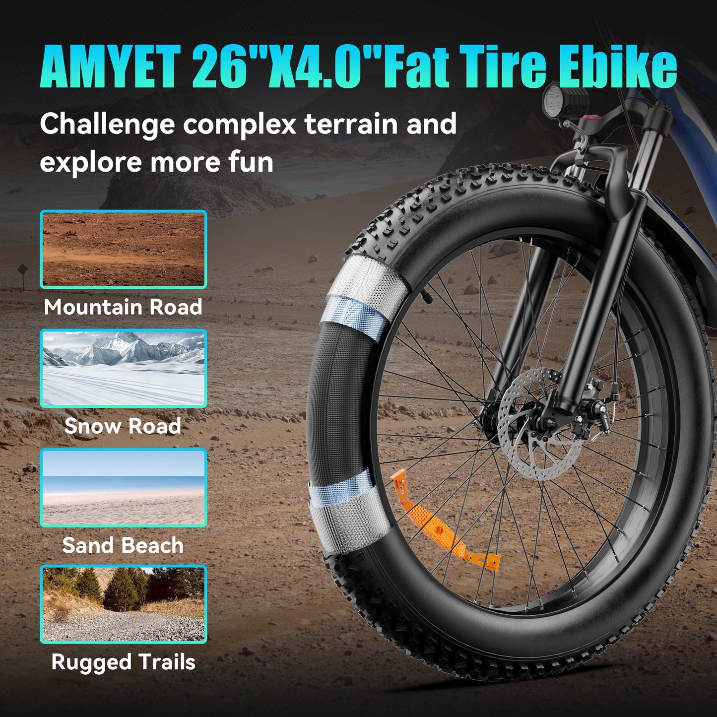 AMYET EB26 Electric Bike for Adults, 26" Fat Tire E-Mountain Bicycle, 750W Motor 48V 15Ah 7-Speed Ebike UL2849