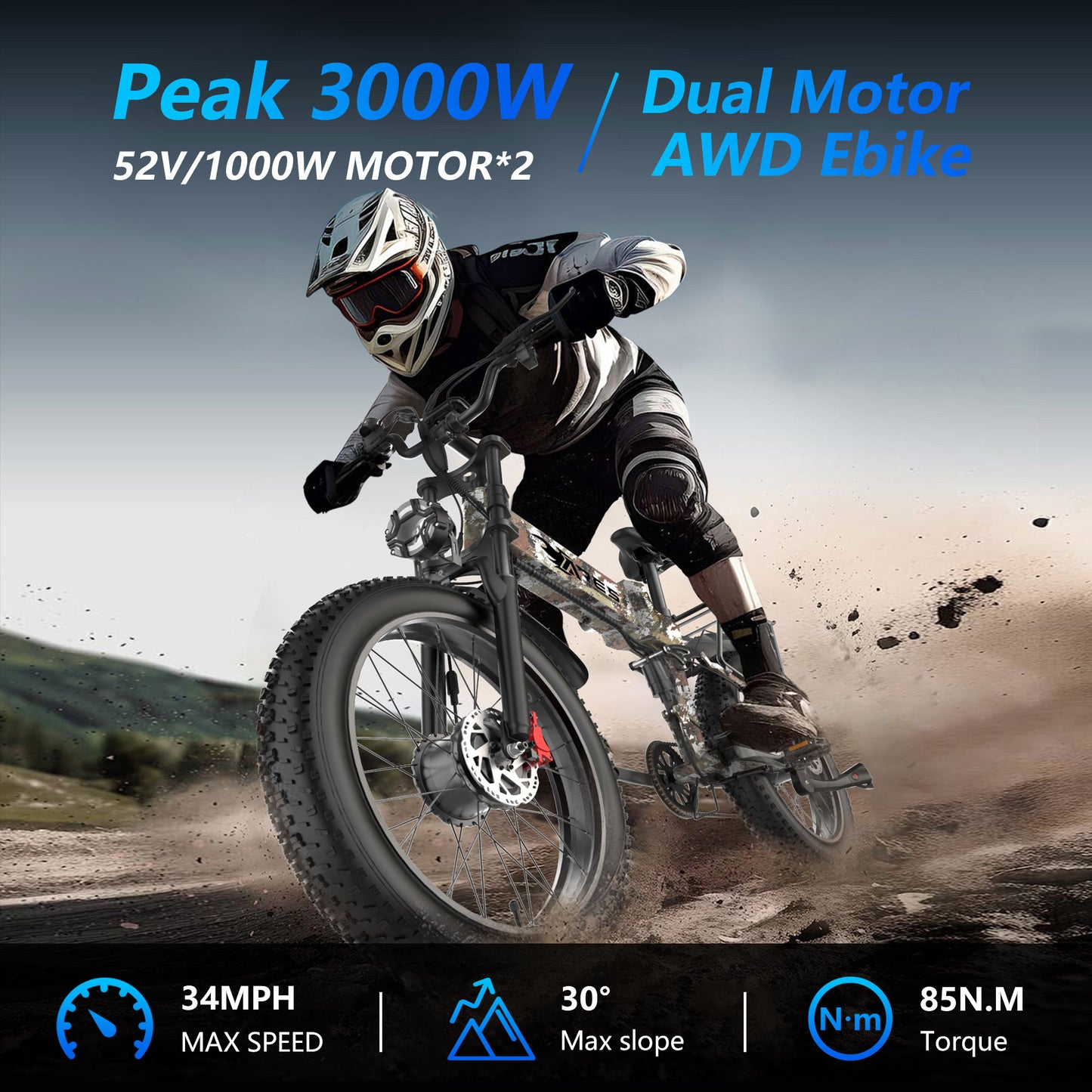 AMYET ARES Folding Electric Bike for Adults, Peak 3000W Dual Motor AWD Ebike, 52V 20AH, 24"*4" Fat Tire E-Mountain Bikes UL2849