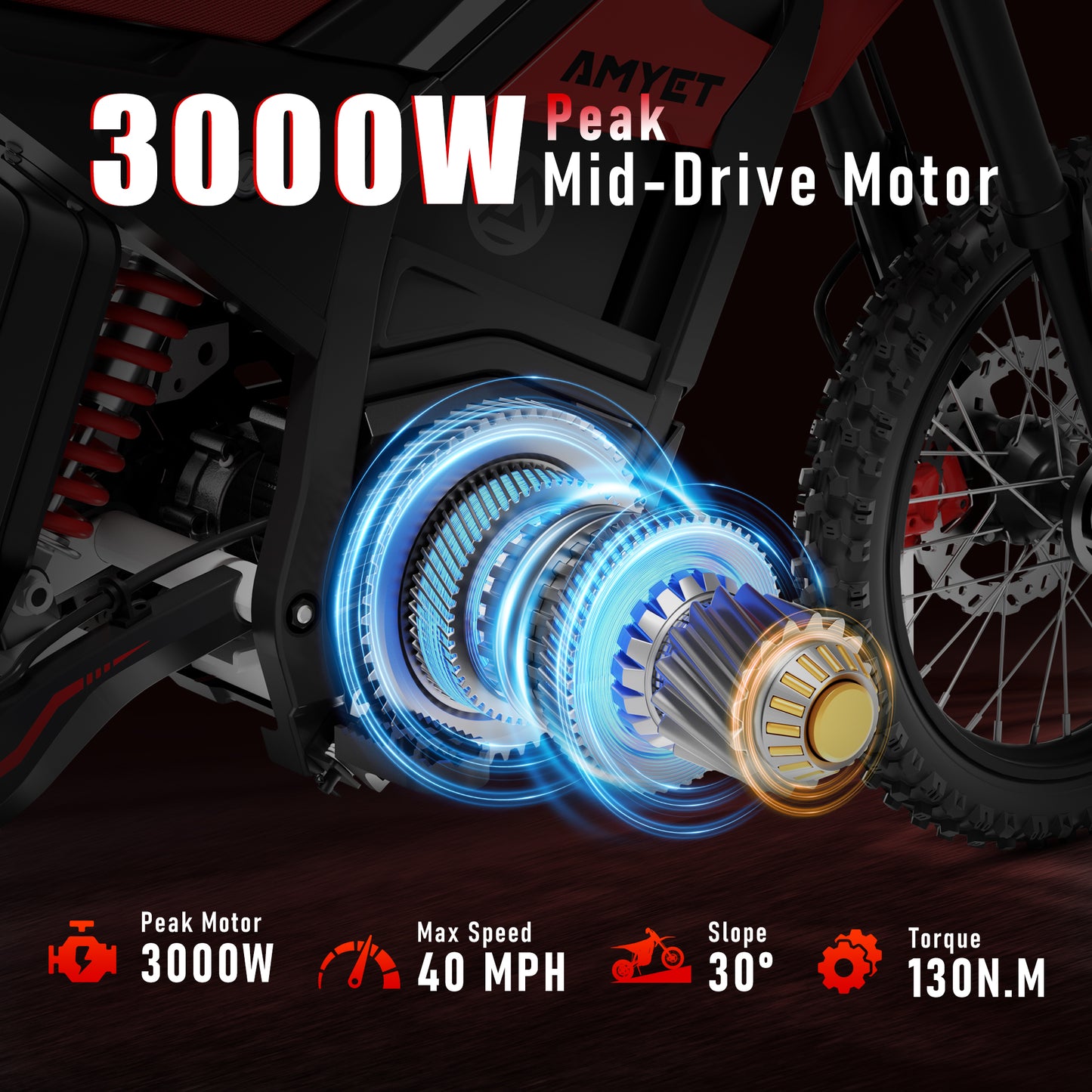 AMYET VT300 Electric Dirt Bike for Teens Adults, 3000W Peak Motor, 48V 25Ah Battery, 40 MPH, 14"/12" Fat Tire Electric Motorcycle, Black/Red