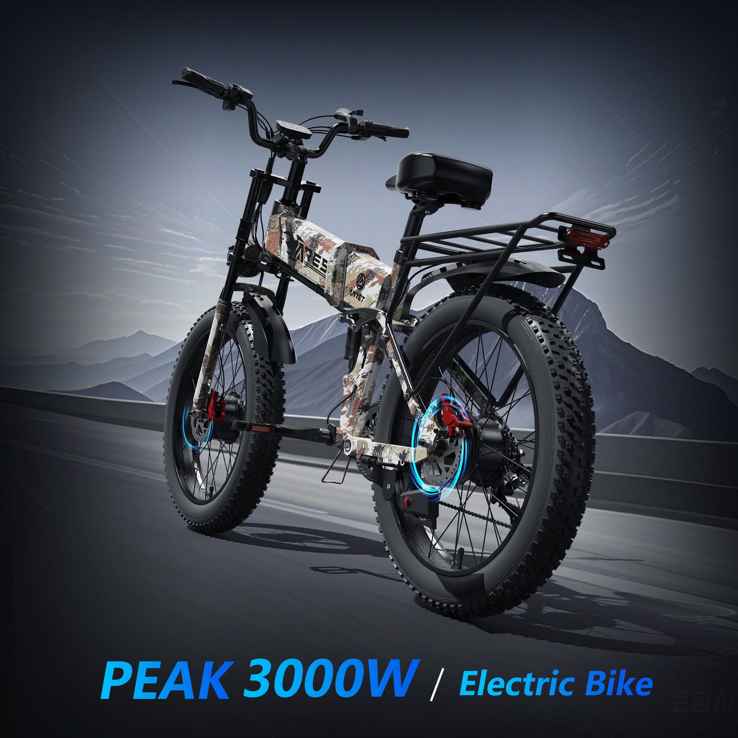 AMYET ARES Folding Electric Bike for Adults, Peak 3000W Dual Motor AWD Ebike, 52V 20AH, 24"*4" Fat Tire E-Mountain Bikes UL2849