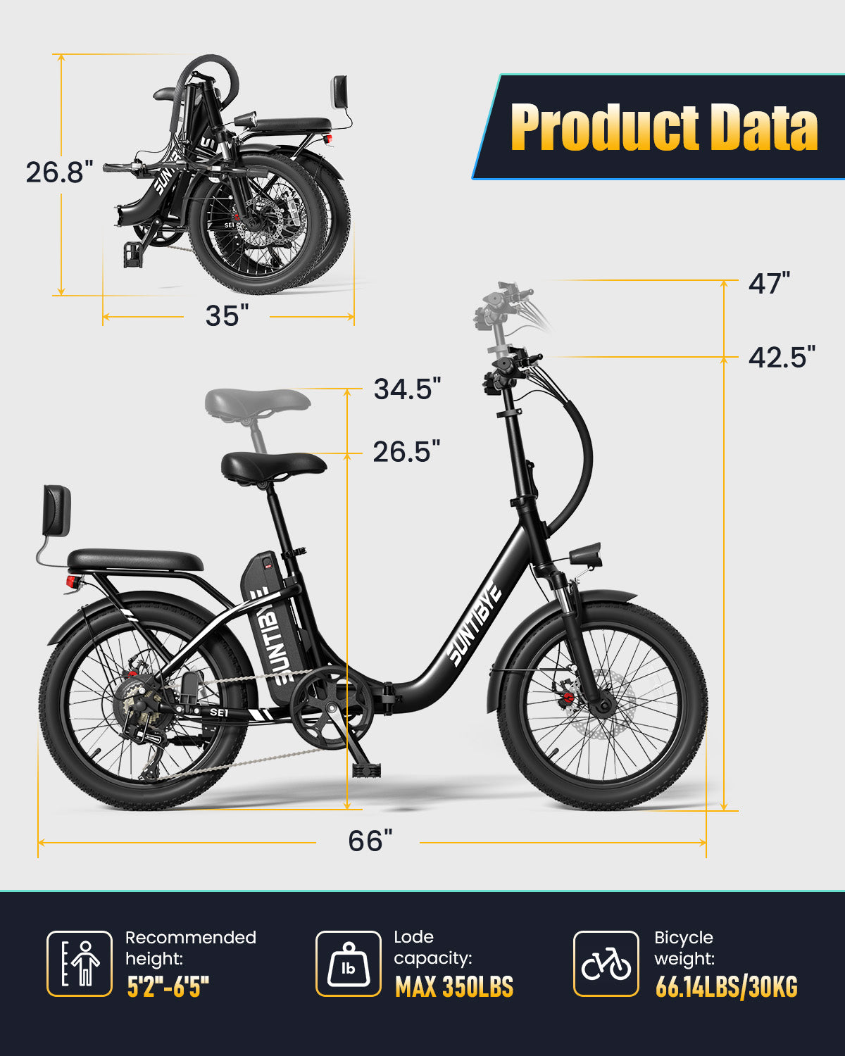 SE1 Folding Electric Bike 1000W 48V 15Ah, 20"x3.0" Commuter Ebike with Passenger Seat UL2849