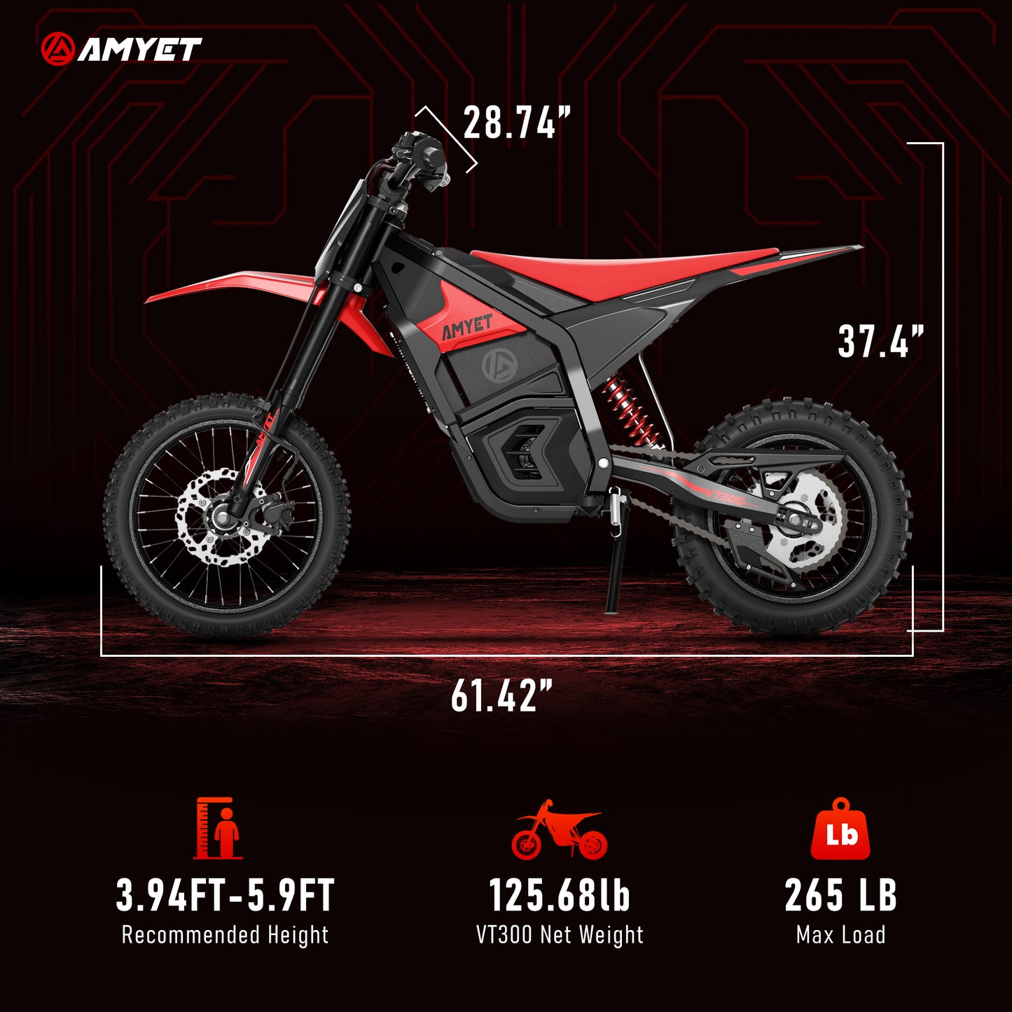 AMYET VT300 Electric Dirt Bike for Teens Adults, 3000W Peak Motor, 48V 25Ah Battery, 40 MPH, 14"/12" Fat Tire Electric Motorcycle, Black/Red