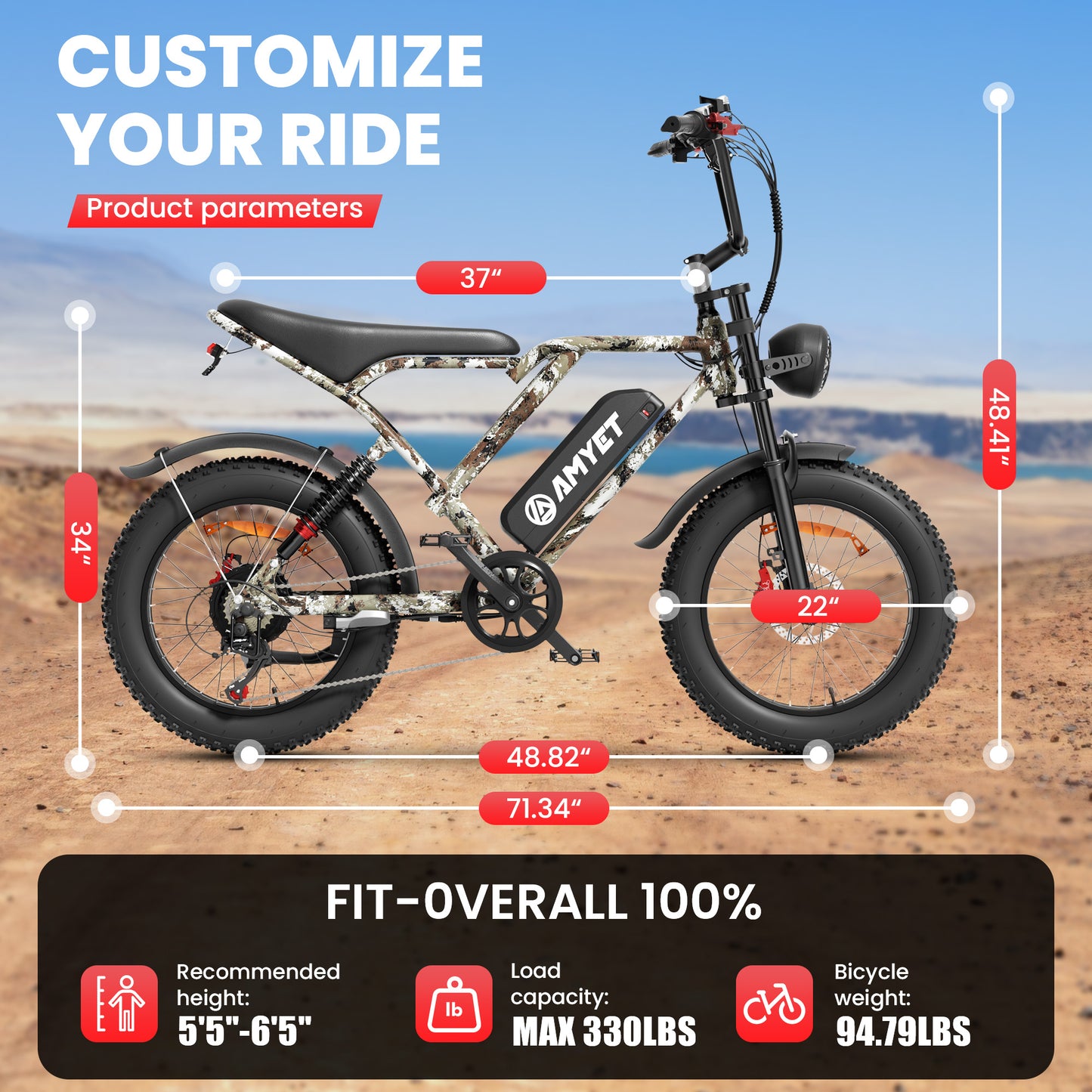 AMYET S8-S Electric Bike 1000W 48V 20Ah 28MPH, 20"x4.0" Fat Tire Ebike for Adults UL2849