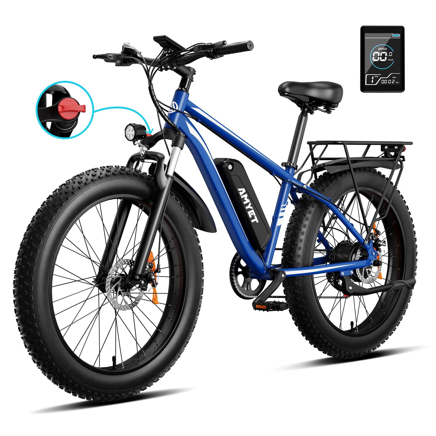 AMYET EB26 Electric Bike for Adults, 26" Fat Tire E-Mountain Bicycle, 750W Motor 48V 15Ah 7-Speed Ebike UL2849