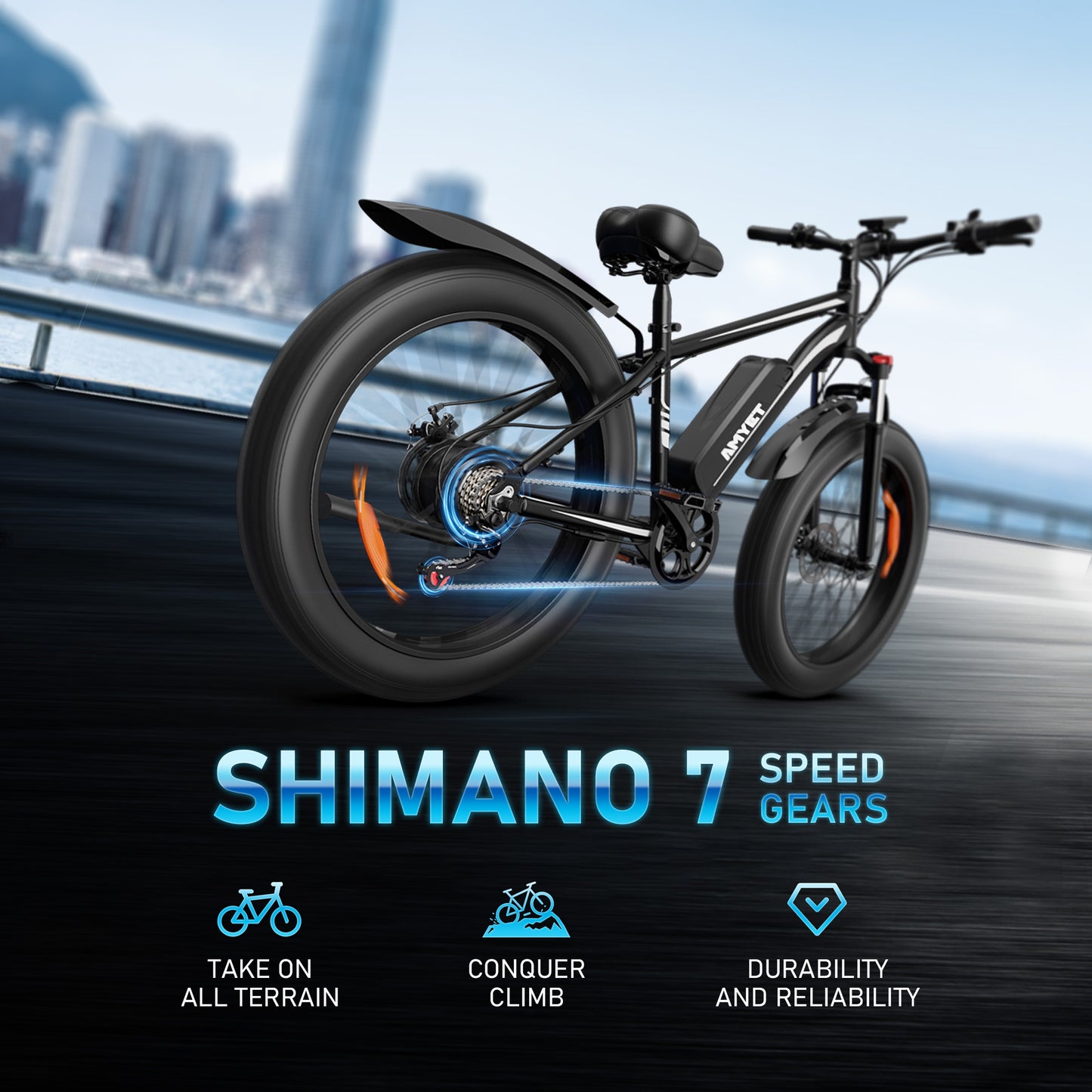 AMYET EB26 Electric Bike for Adults, 26*4.0 Fat Tire E-Mountain Bicycle,Peak 1500W Motor 48V 15Ah 7-Speed Ebike UL2849