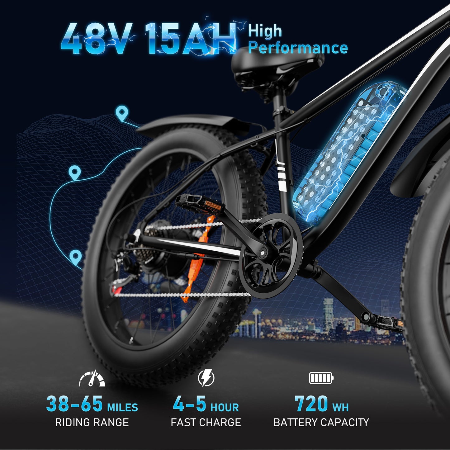 AMYET EB26 Electric Bike for Adults, 26*4.0 Fat Tire E-Mountain Bicycle,Peak 1500W Motor 48V 15Ah 7-Speed Ebike UL2849