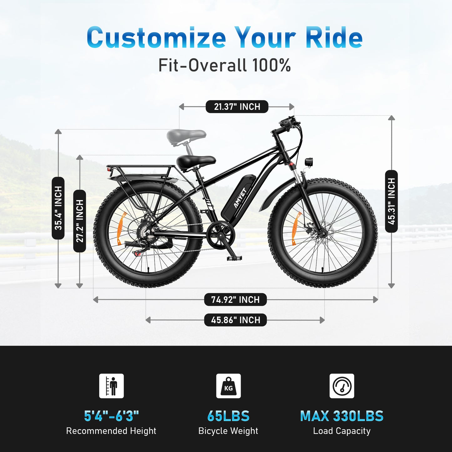 AMYET EB26 Electric Bike for Adults, 26*4.0 Fat Tire E-Mountain Bicycle,Peak 1500W Motor 48V 15Ah 7-Speed Ebike UL2849