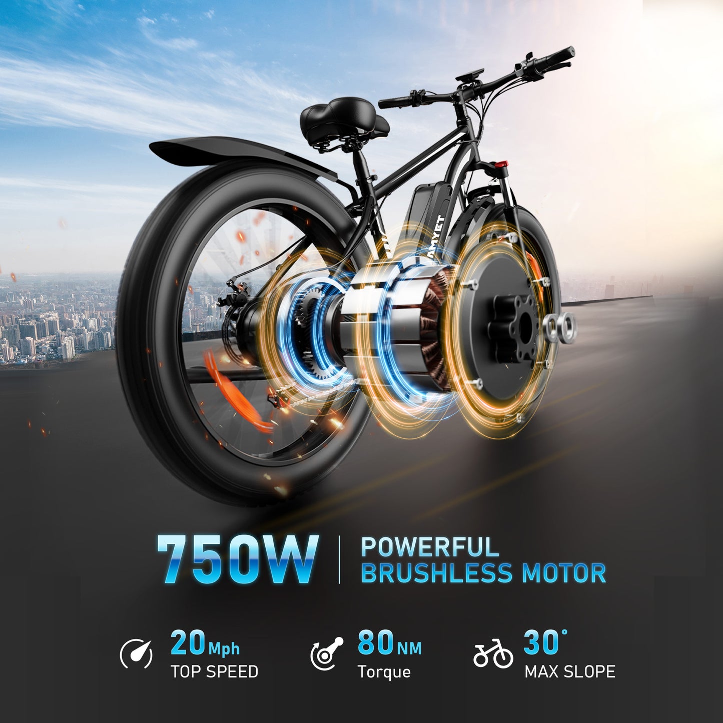 AMYET EB26 Electric Bike for Adults, 26*4.0 Fat Tire E-Mountain Bicycle,Peak 1500W Motor 48V 15Ah 7-Speed Ebike UL2849