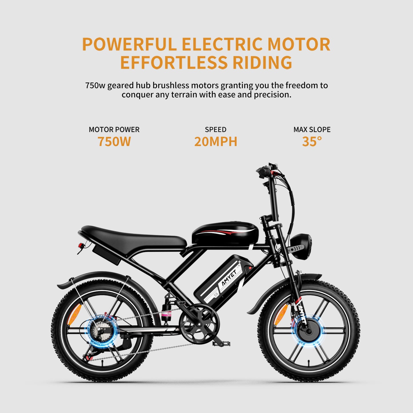 AMYET S6 Electric Bike for Adults, 20" Fat Tire E-Mountain Bicycle, Peak 3000W Dual Motor 52V 50AH 7-Speed Ebike UL2849