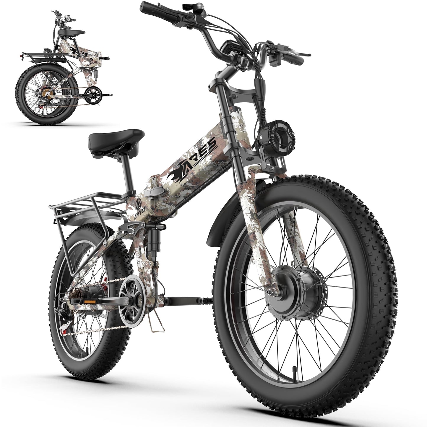 AMYET ARES Folding Electric Bike for Adults, Peak 3000W Dual Motor AWD Ebike, 52V 20AH, 24"*4" Fat Tire E-Mountain Bikes UL2849