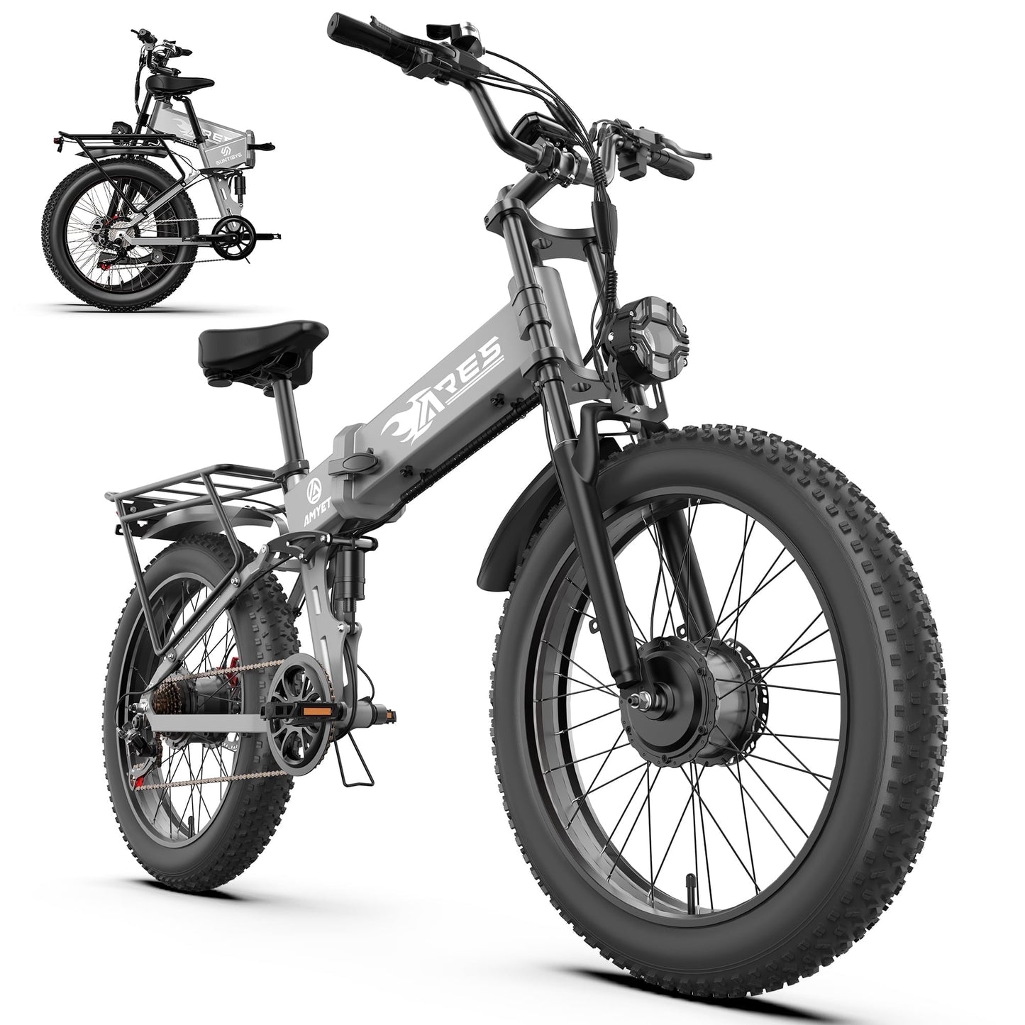 AMYET ARES Folding Electric Bike for Adults, Peak 3000W Dual Motor AWD Ebike, 52V 20AH, 24"*4" Fat Tire E-Mountain Bikes UL2849