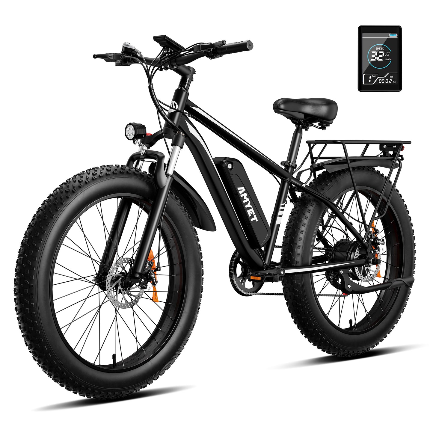 AMYET EB26 Electric Bike for Adults, 26*4.0 Fat Tire E-Mountain Bicycle,Peak 1500W Motor 48V 15Ah 7-Speed Ebike UL2849