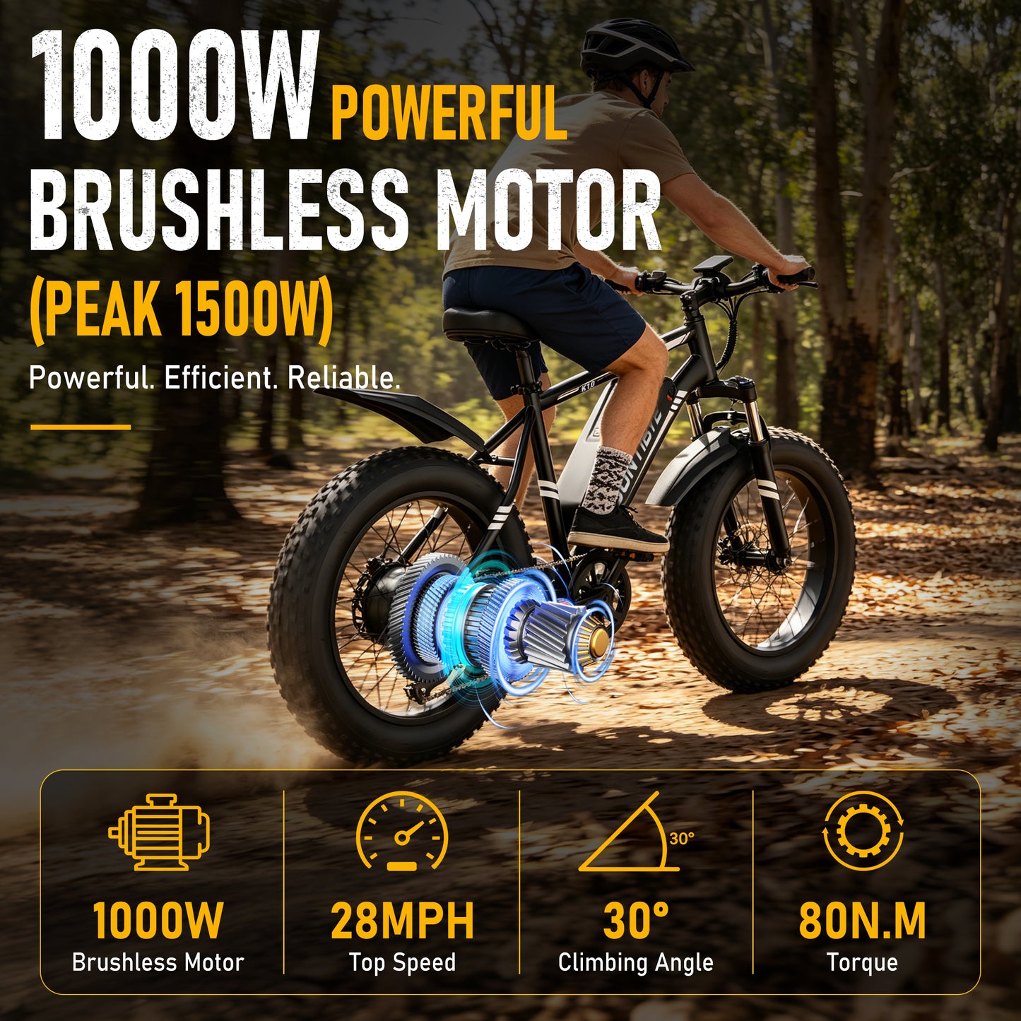 AMYET 1000W Electric Bike, 20" Fat Tire Ebike 28MPH 48V 15Ah E-Mountain Bicycles UL2849